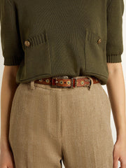 Golden Goose Brown leather belt with golden floral studs and amber inserts