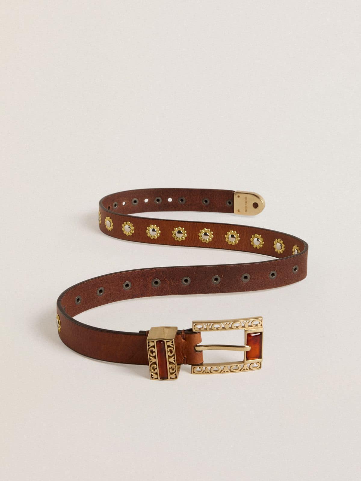 Golden Goose Brown leather belt with golden floral studs and amber inserts