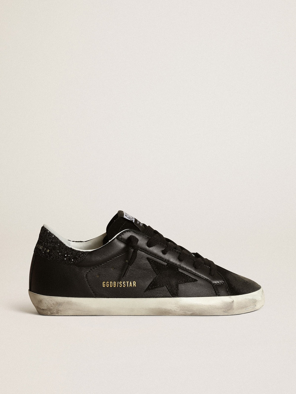 Golden Goose Women's Super-Star in black nappa with black star and glitter heel tab