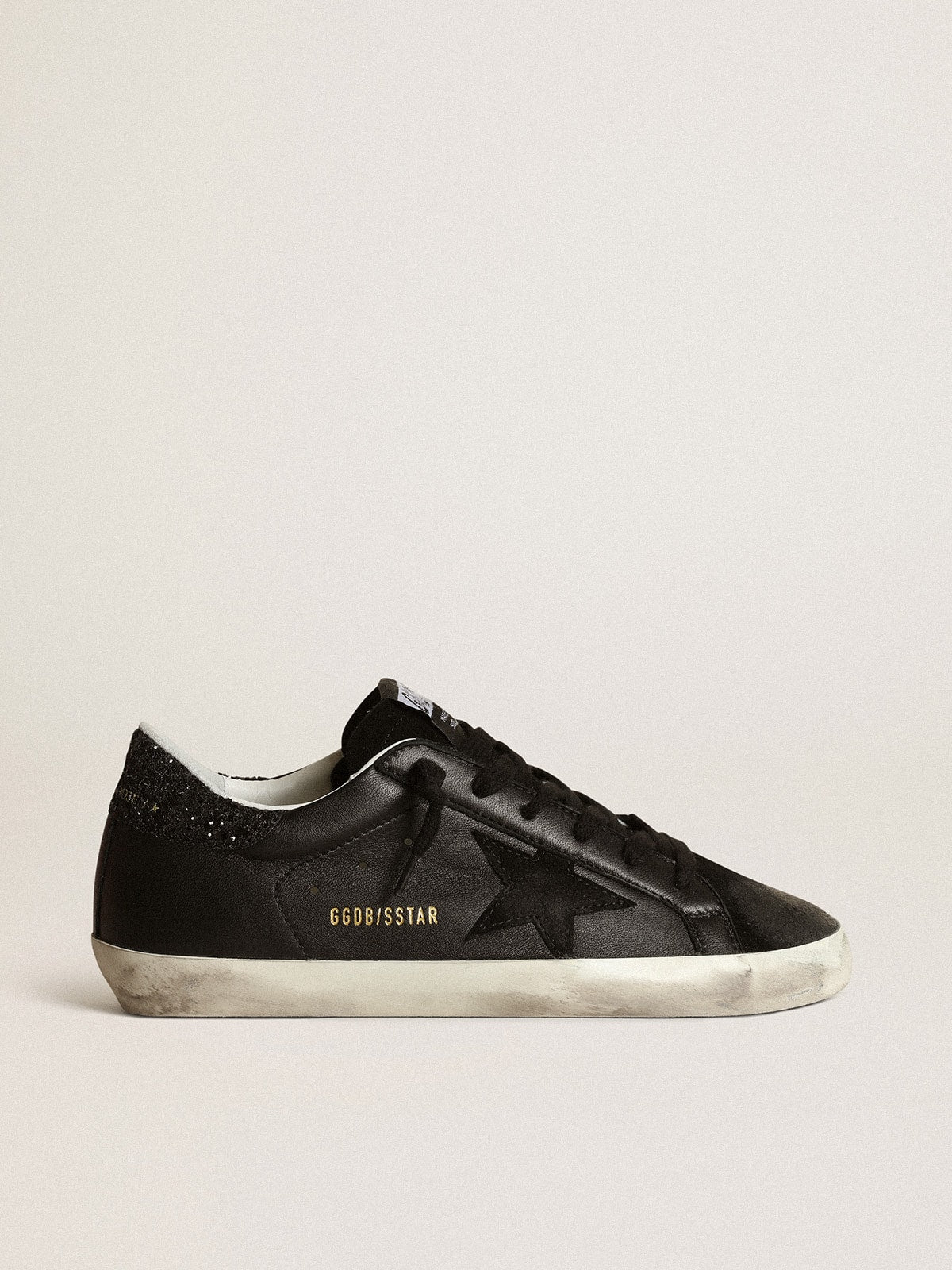 Golden Goose Women's Super-Star in black nappa with black star and glitter heel tab