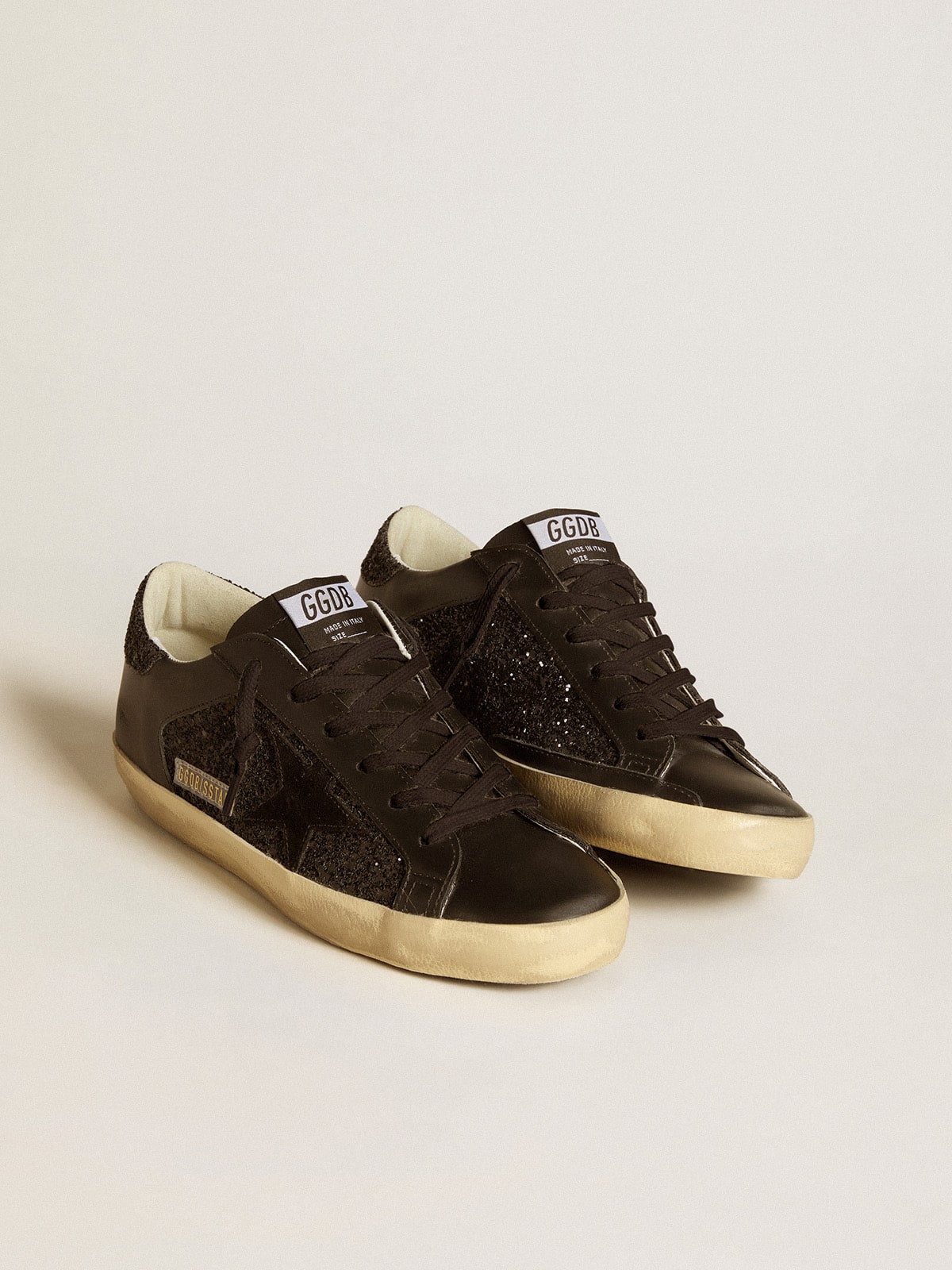 Golden Goose Women's Super-Star in black glitter with black suede star and leather inserts