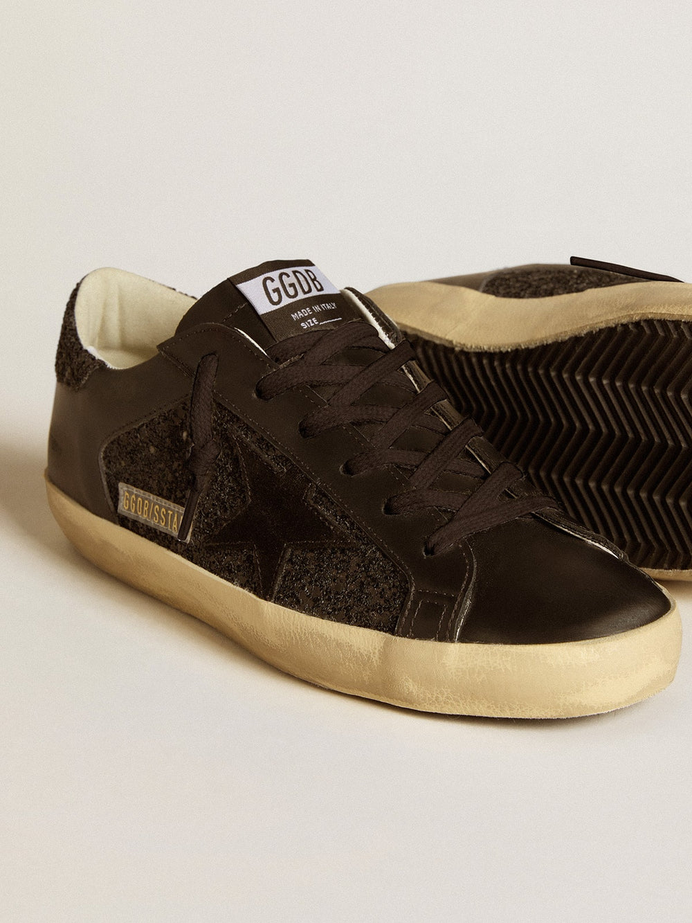 Golden Goose Women's Super-Star in black glitter with black suede star and leather inserts