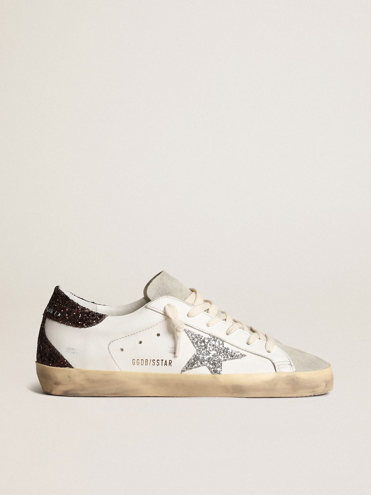 Golden Goose Women's Super-Star with silver star and brown glitter heel tab