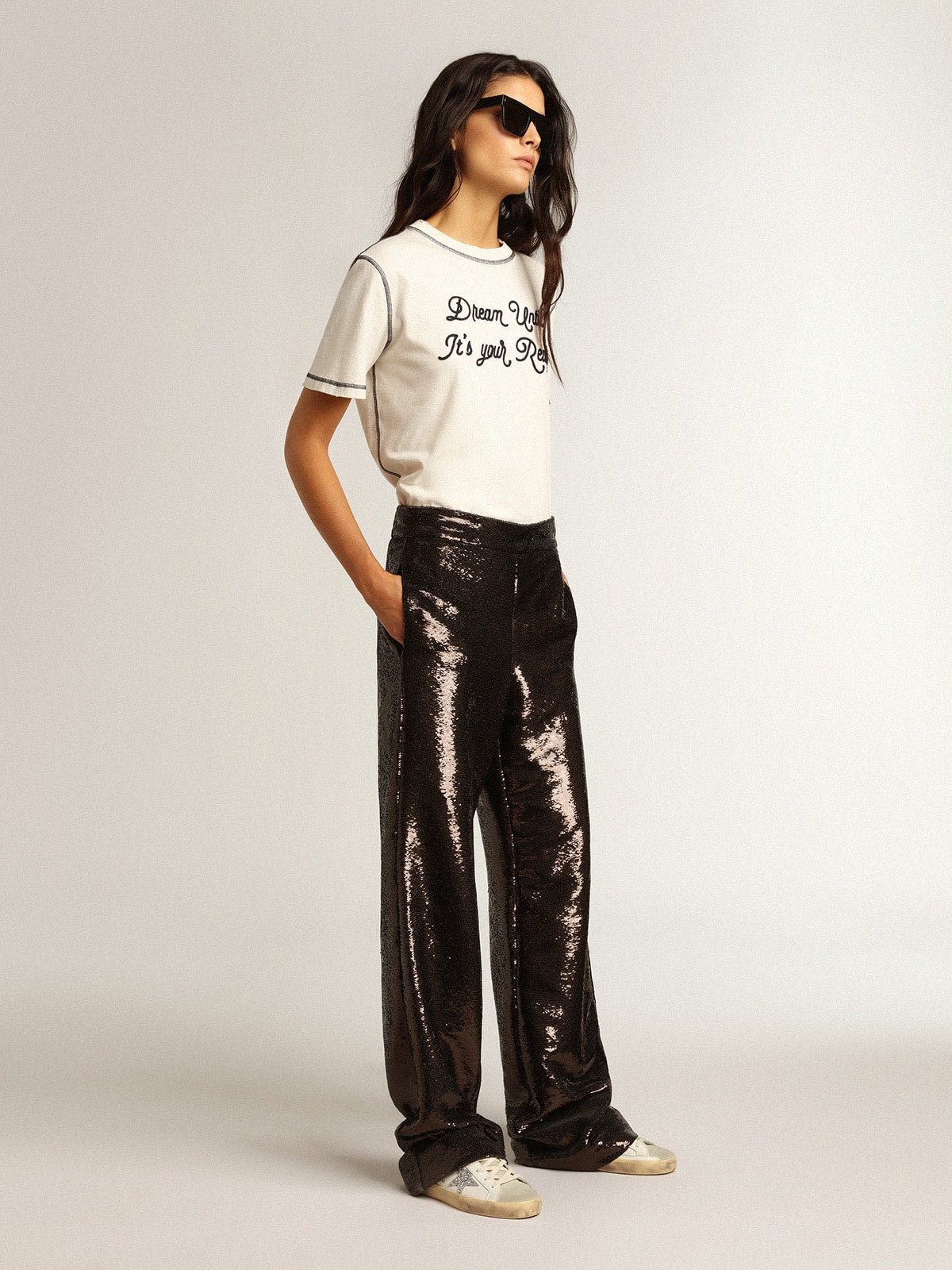 Golden Goose Women's Super-Star with silver star and brown glitter heel tab
