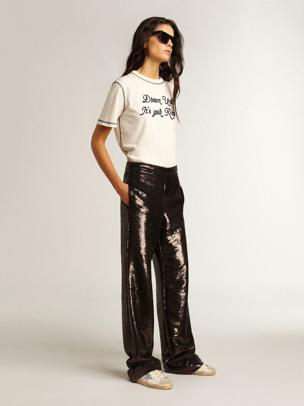 Golden Goose Women's Super-Star with silver star and brown glitter heel tab