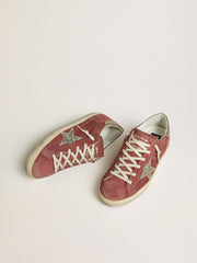 Golden Goose Women's Super-Star LTD in red suede with silver glitter star and laminated leather heel tab