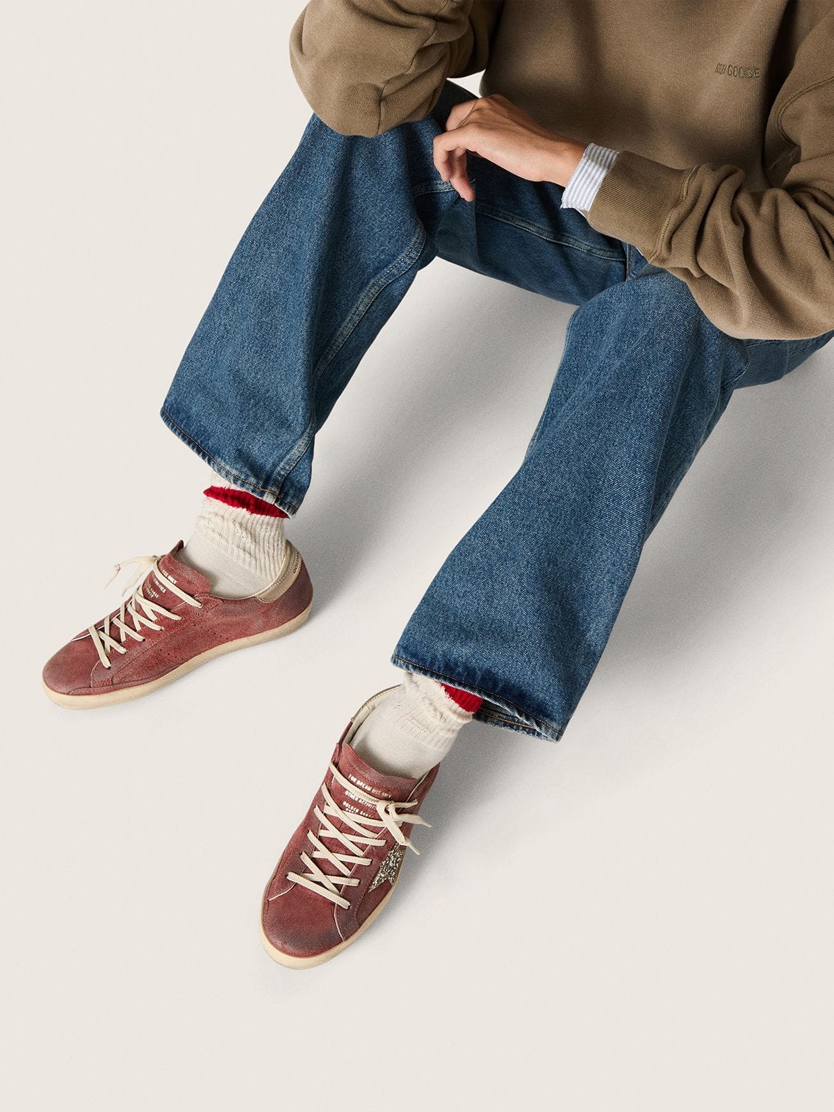 Golden Goose Women's Super-Star LTD in red suede with silver glitter star and laminated leather heel tab