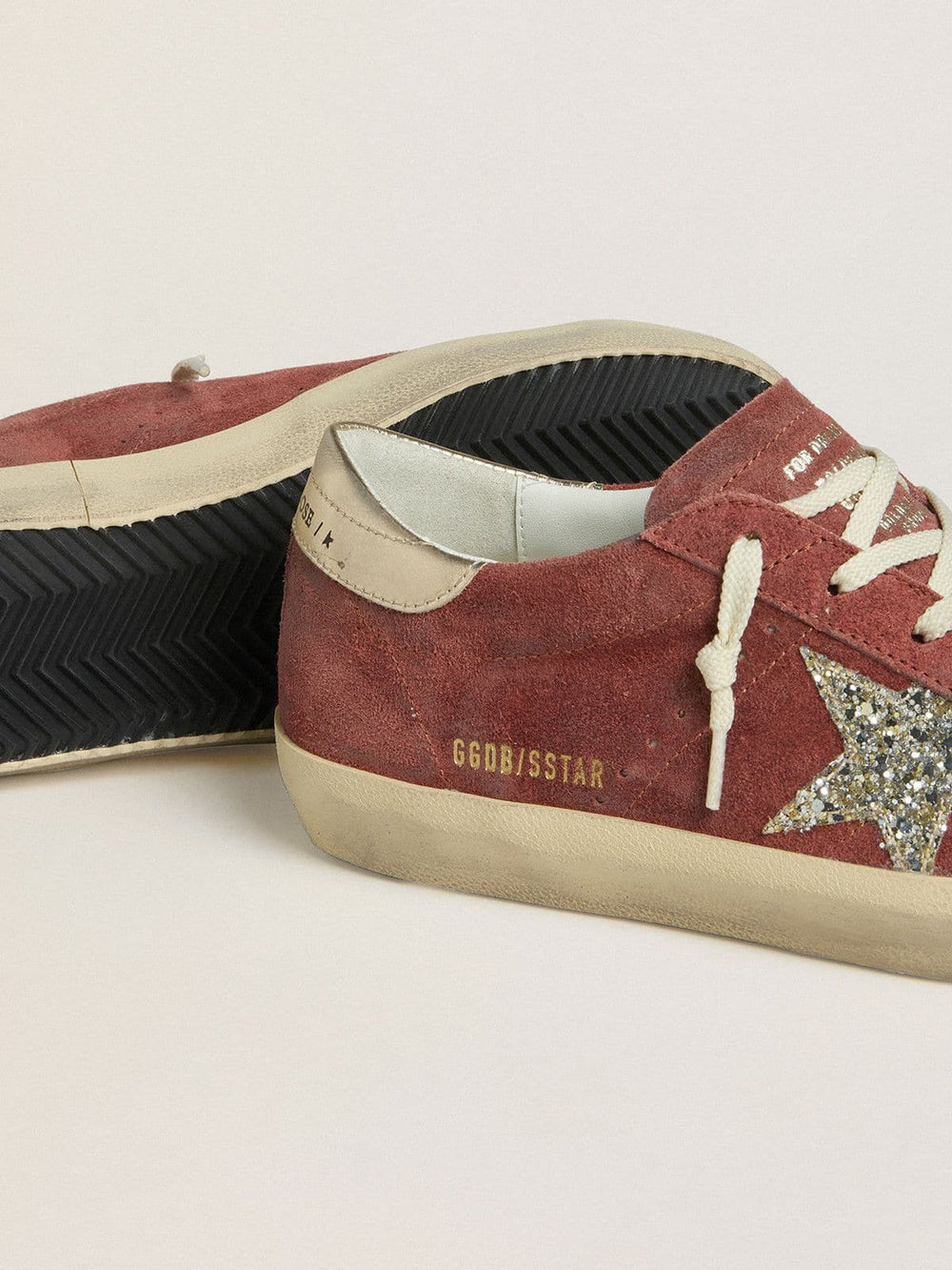 Golden Goose Women's Super-Star LTD in red suede with silver glitter star and laminated leather heel tab
