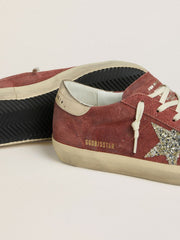 Golden Goose Women's Super-Star LTD in red suede with silver glitter star and laminated leather heel tab
