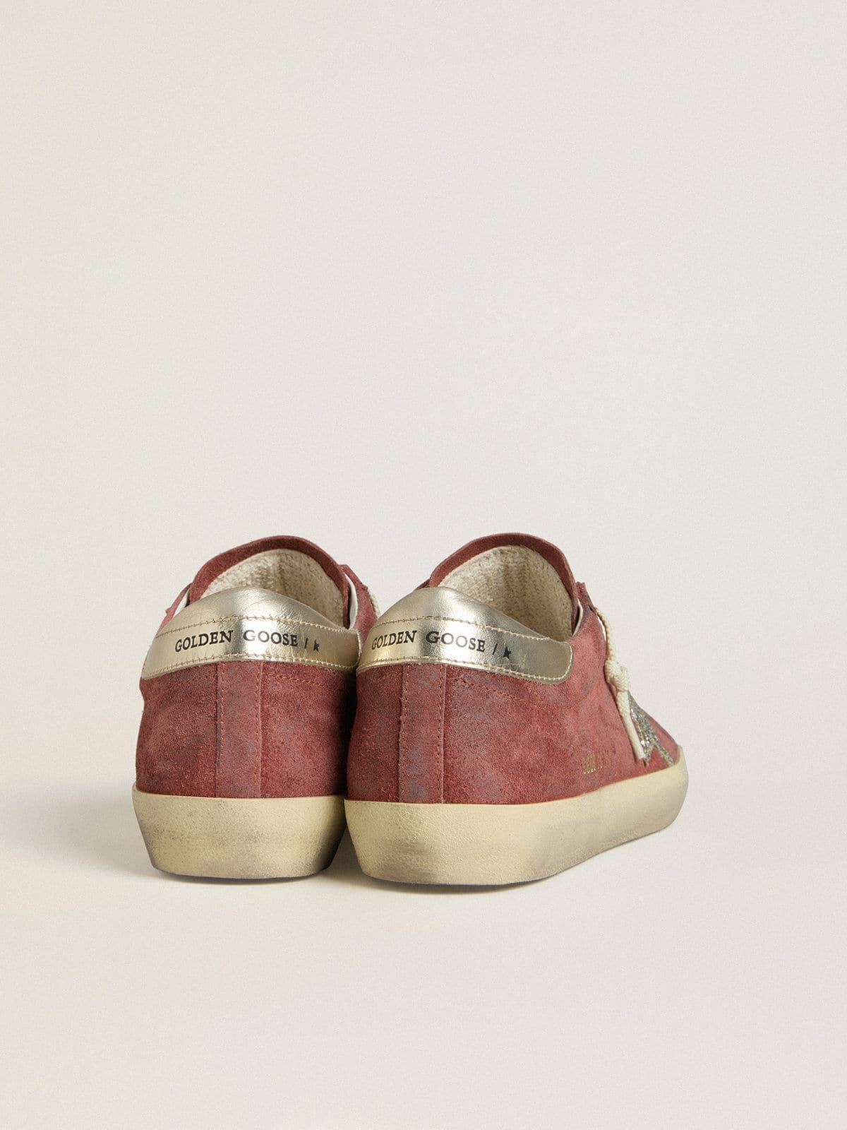 Golden Goose Women's Super-Star LTD in red suede with silver glitter star and laminated leather heel tab