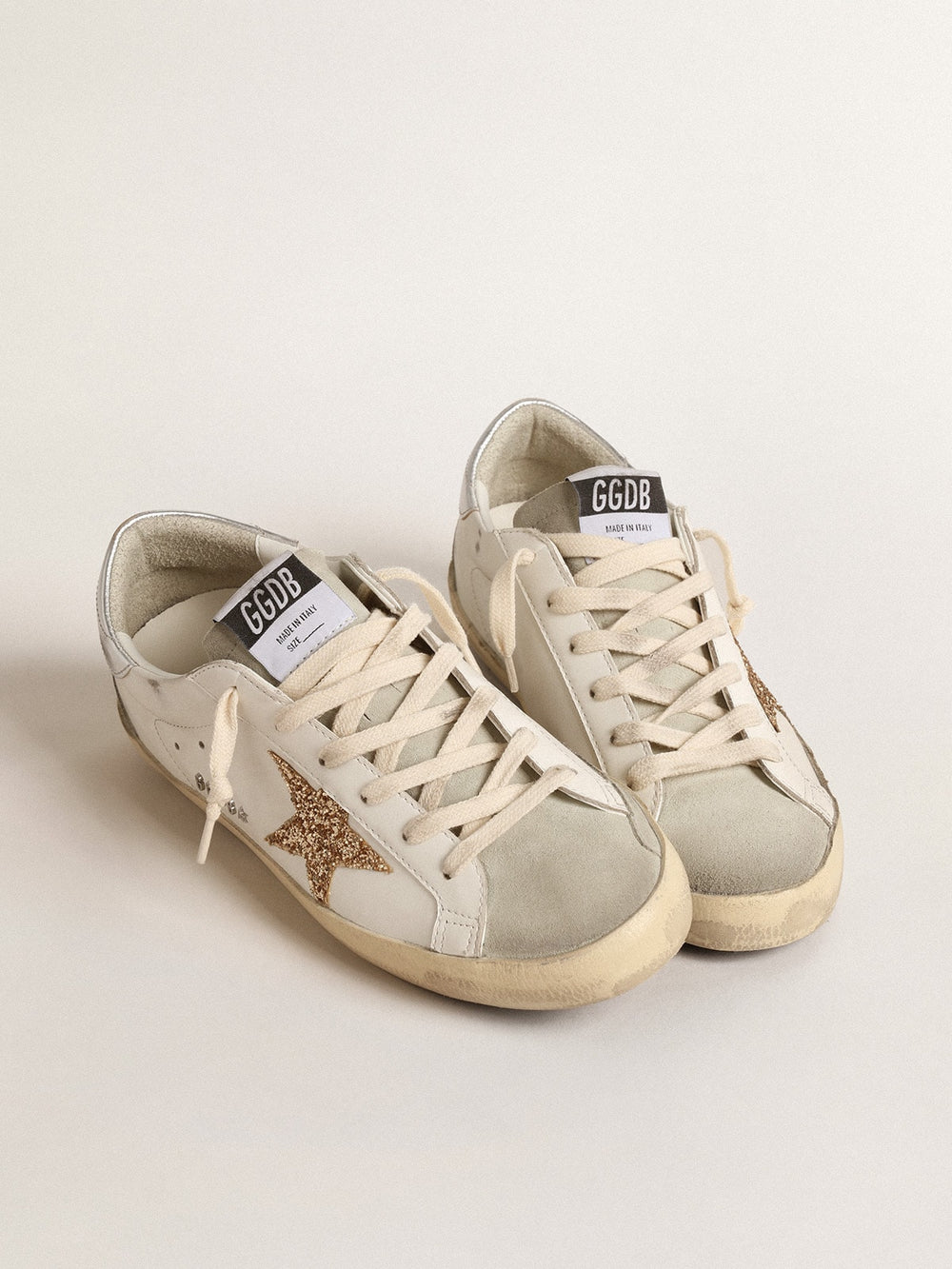 Golden Goose Women's Super-Star with gold glitter star and ice-gray suede inserts
