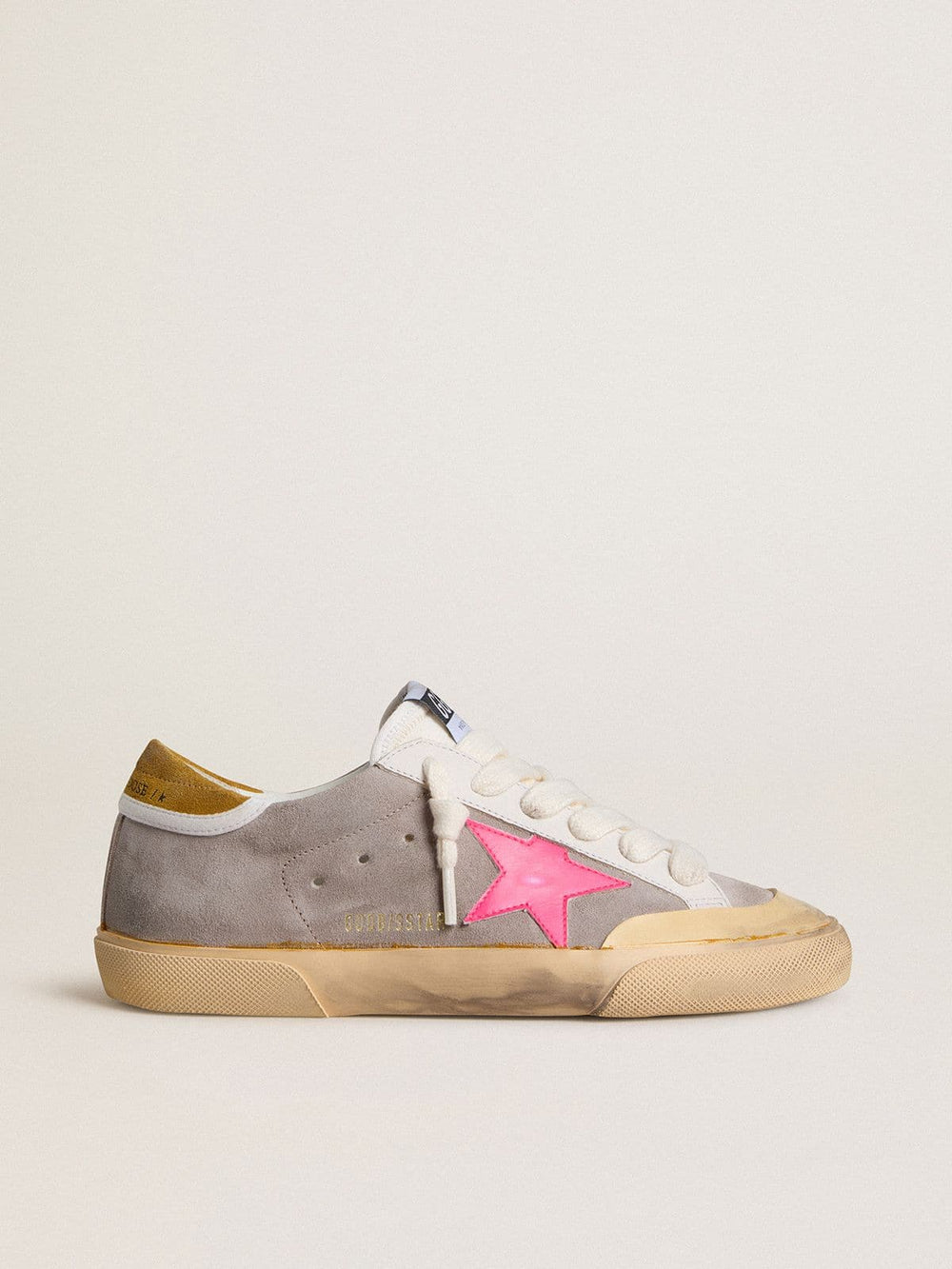 Golden Goose Women's Super-Star in dove-gray suede with fuchsia leather star and ocher suede heel tab