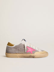 Golden Goose Women's Super-Star in dove-gray suede with fuchsia leather star and ocher suede heel tab