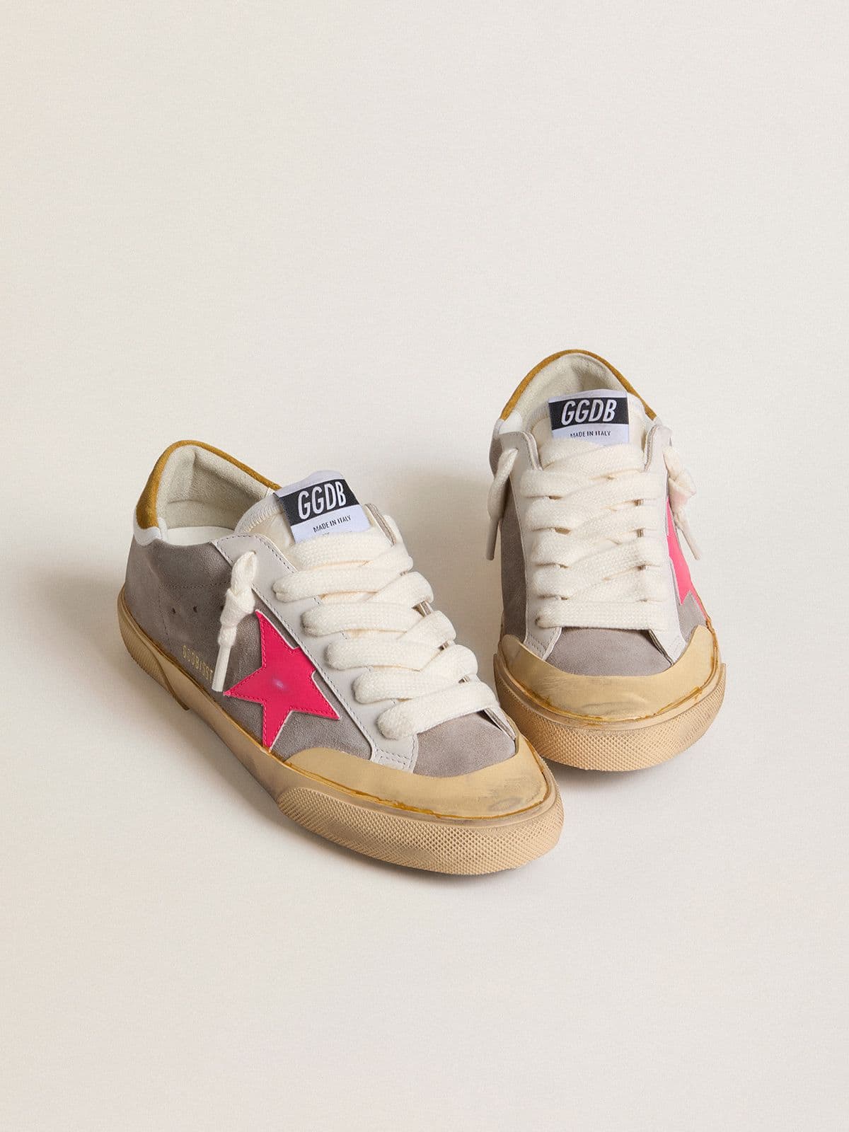Golden Goose Women's Super-Star in dove-gray suede with fuchsia leather star and ocher suede heel tab