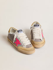 Golden Goose Women's Super-Star in dove-gray suede with fuchsia leather star and ocher suede heel tab