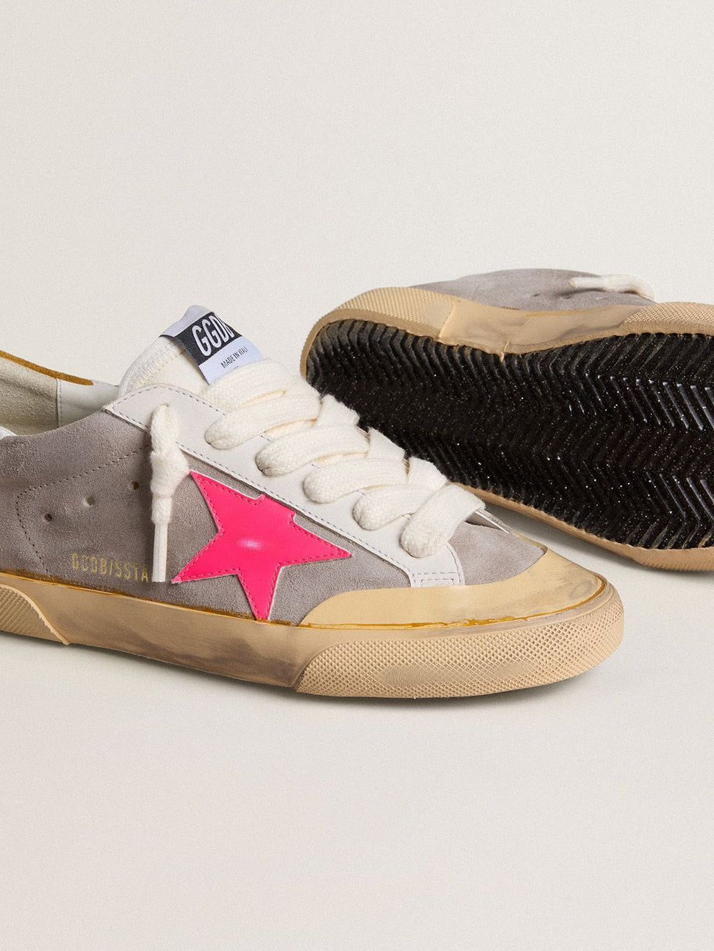 Golden Goose Women's Super-Star in dove-gray suede with fuchsia leather star and ocher suede heel tab