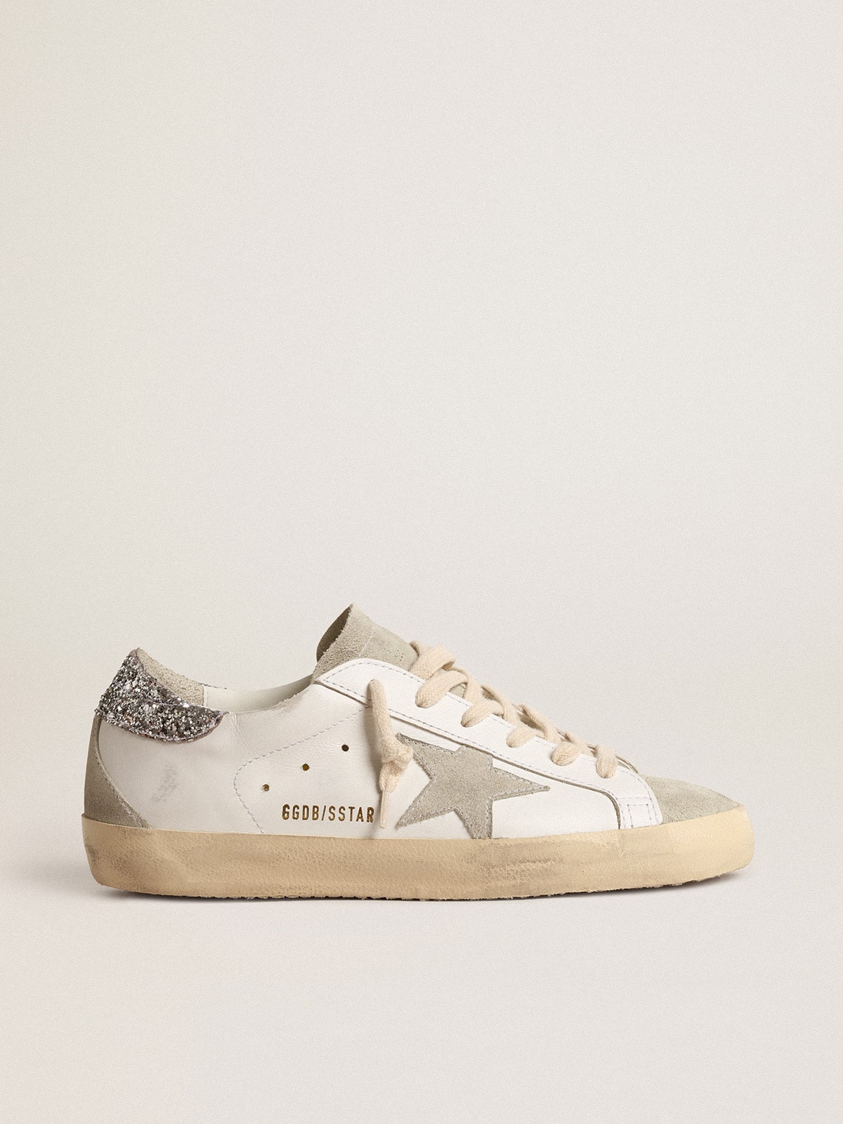 Golden Goose Women's Super-Star with gray star and silver glitter heel tab