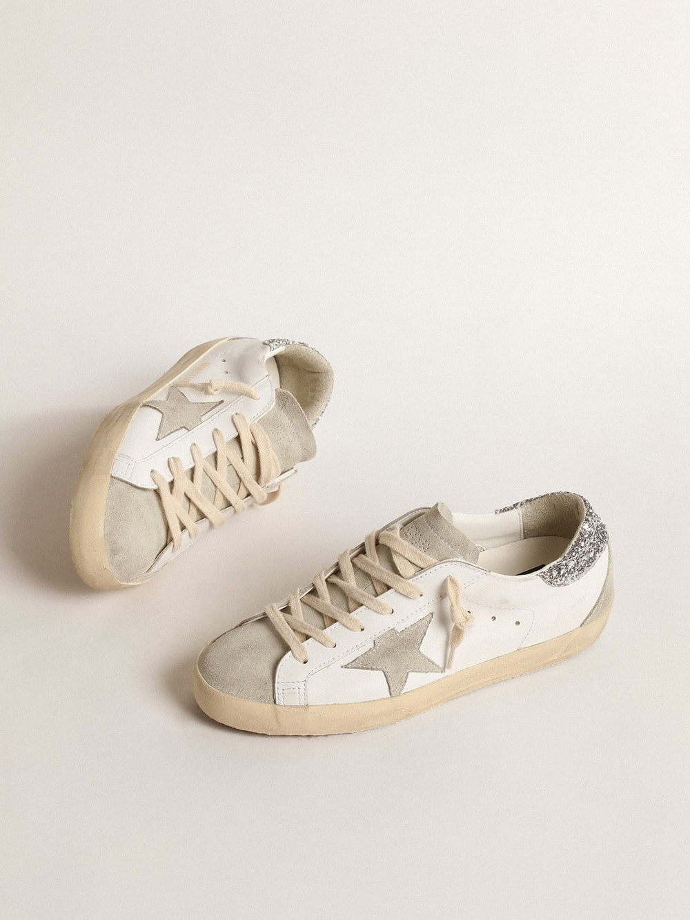 Golden Goose Women's Super-Star with gray star and silver glitter heel tab