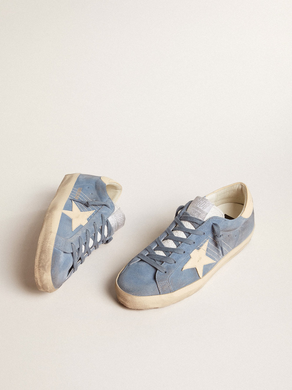 Golden Goose Super-Star in light blue suede with beige leather star and heel tab