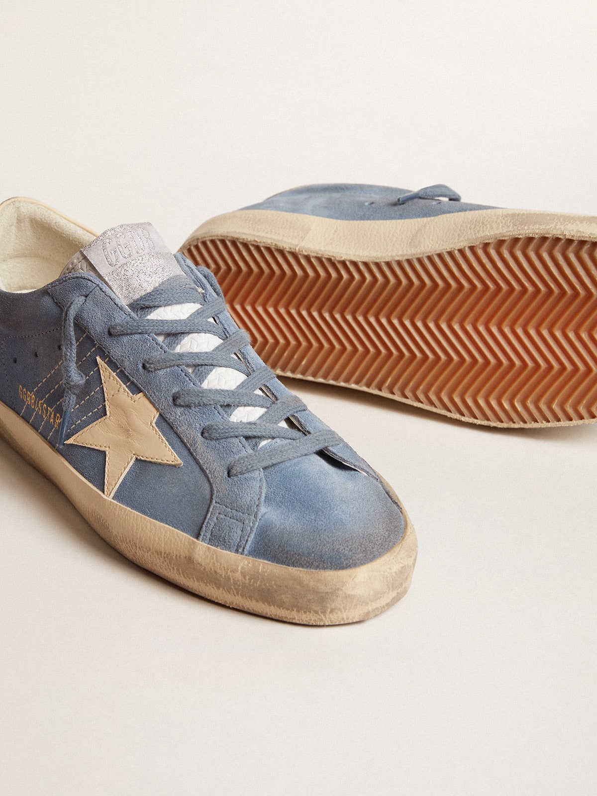 Golden Goose Super-Star in light blue suede with beige leather star and heel tab