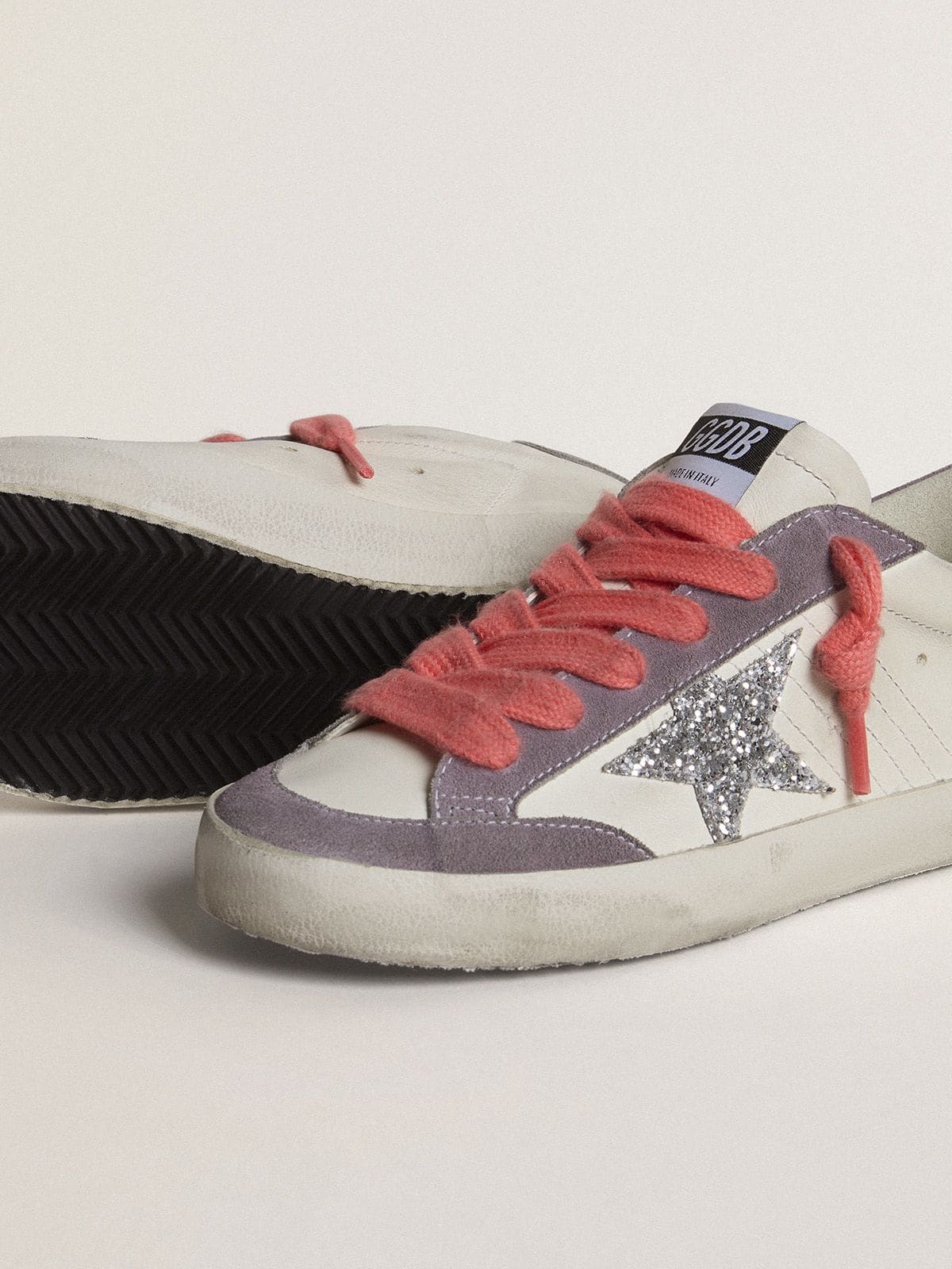 Golden Goose Women's Super-Star with silver glitter star and lilac suede heel tab