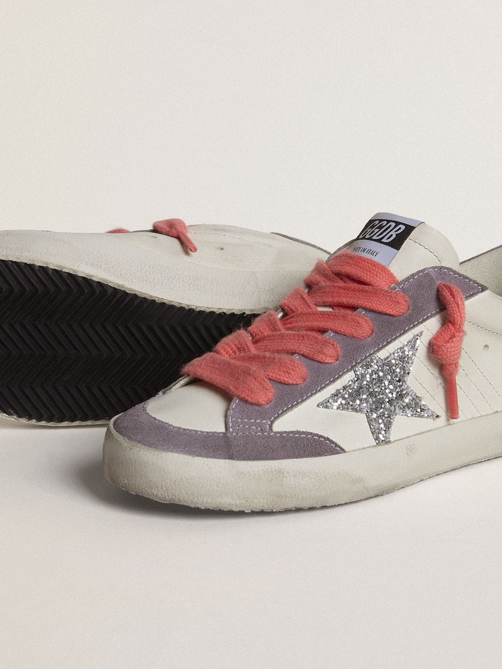Golden Goose Women's Super-Star with silver glitter star and lilac suede heel tab