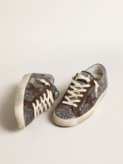 Golden Goose Super-Star in glitter with a brown star and lilac heel tab