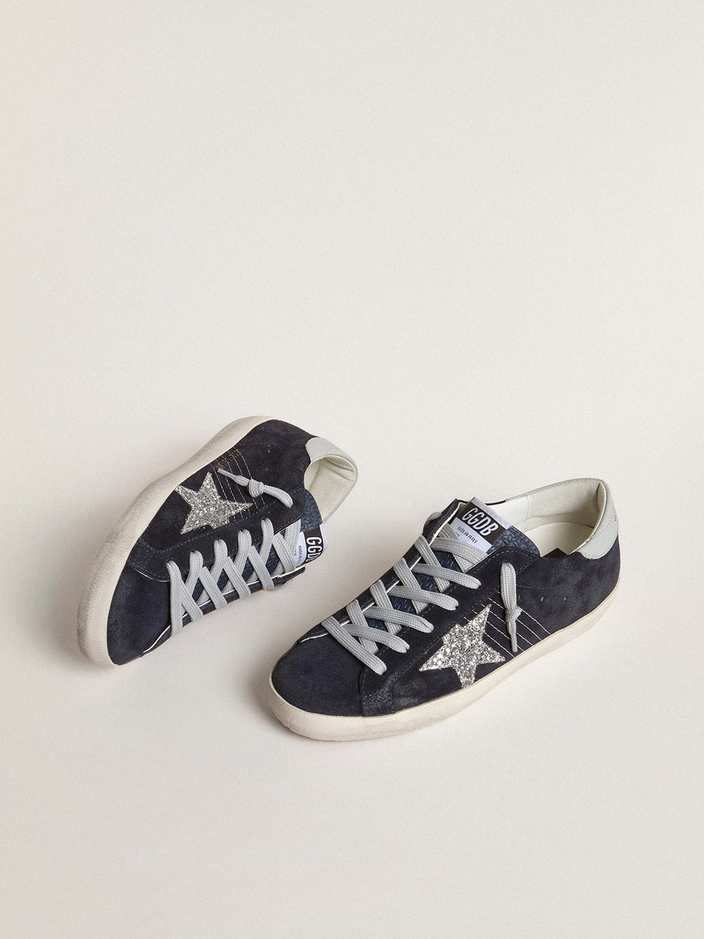 Golden Goose Women’s Super-Star in blue suede with silver glitter star and leather heel tab