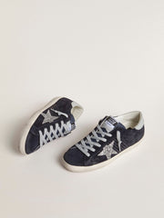 Golden Goose Women’s Super-Star in blue suede with silver glitter star and leather heel tab