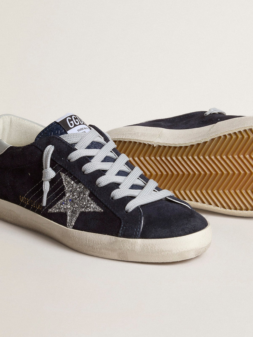 Golden Goose Women’s Super-Star in blue suede with silver glitter star and leather heel tab