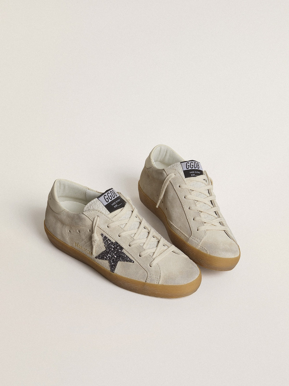 Golden Goose Women's Super-Star in ice-gray suede with silver glitter star and leather heel tab