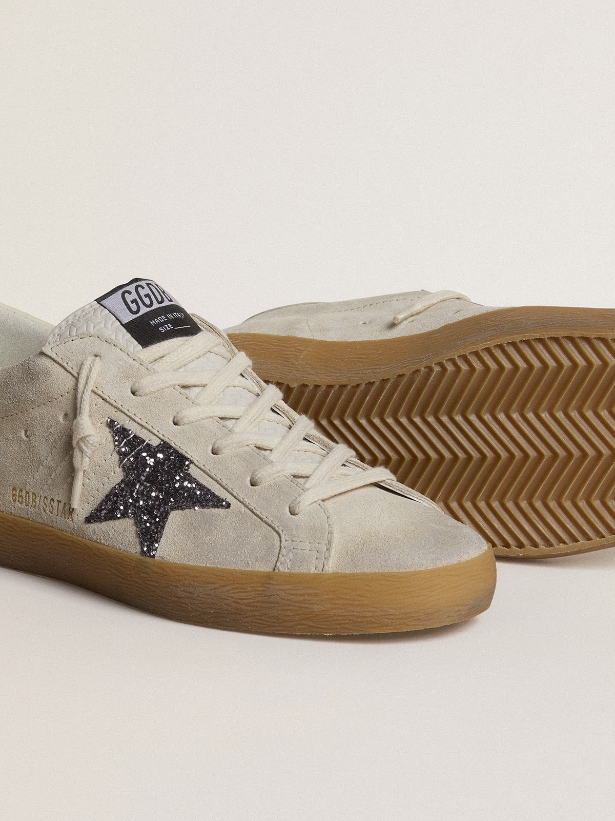 Golden Goose Women's Super-Star in ice-gray suede with silver glitter star and leather heel tab