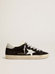 Golden Goose Women's Super-Star LTD in black suede with white printed star and silver glitter heel tab