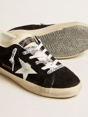 Golden Goose Women's Super-Star LTD in black suede with white printed star and silver glitter heel tab