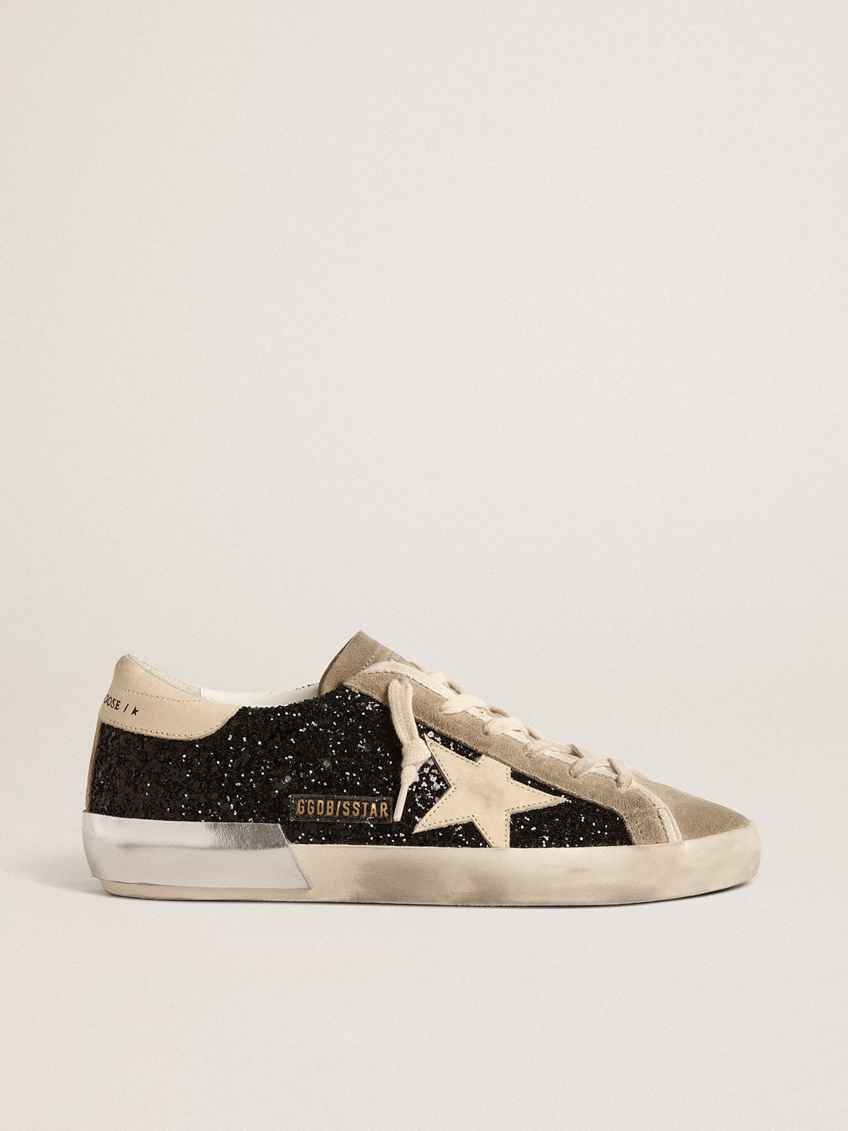 Golden Goose Super-Star in black glitter with cream star and suede inserts
