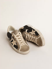Golden Goose Super-Star in black glitter with cream star and suede inserts