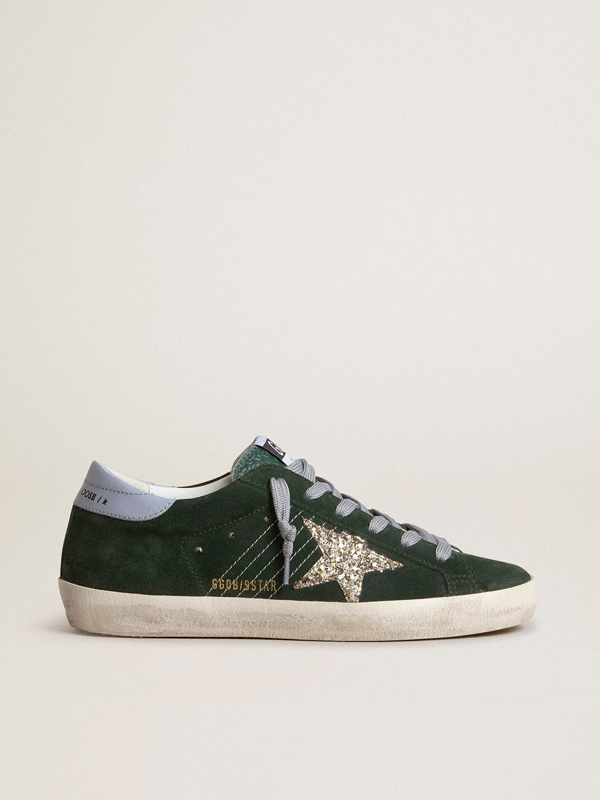 Golden Goose Women's Super-Star in green suede, silver glitter star and leather heel tab