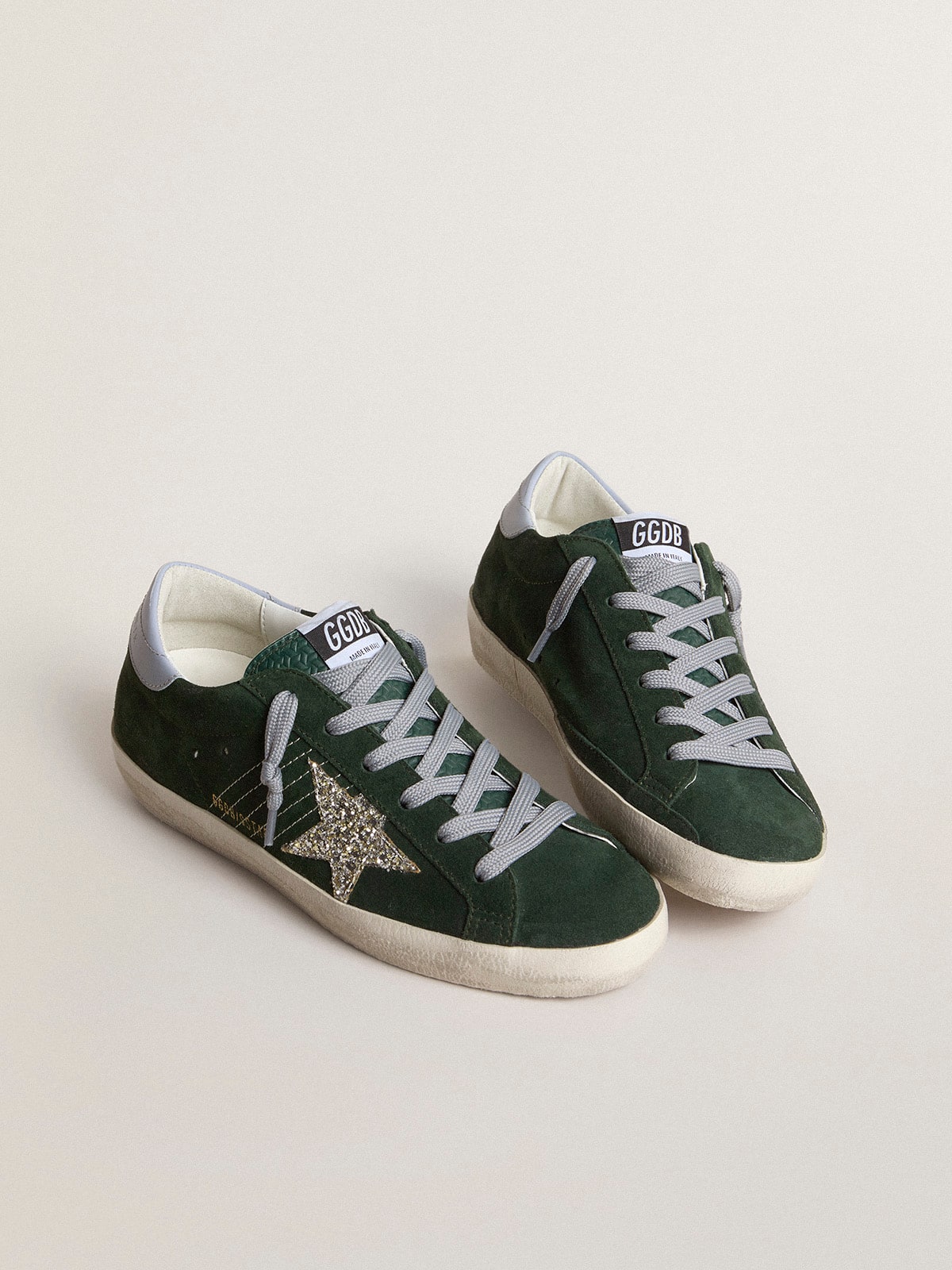 Golden Goose Women's Super-Star in green suede, silver glitter star and leather heel tab