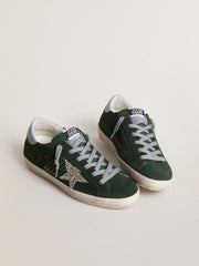 Golden Goose Women's Super-Star in green suede, silver glitter star and leather heel tab