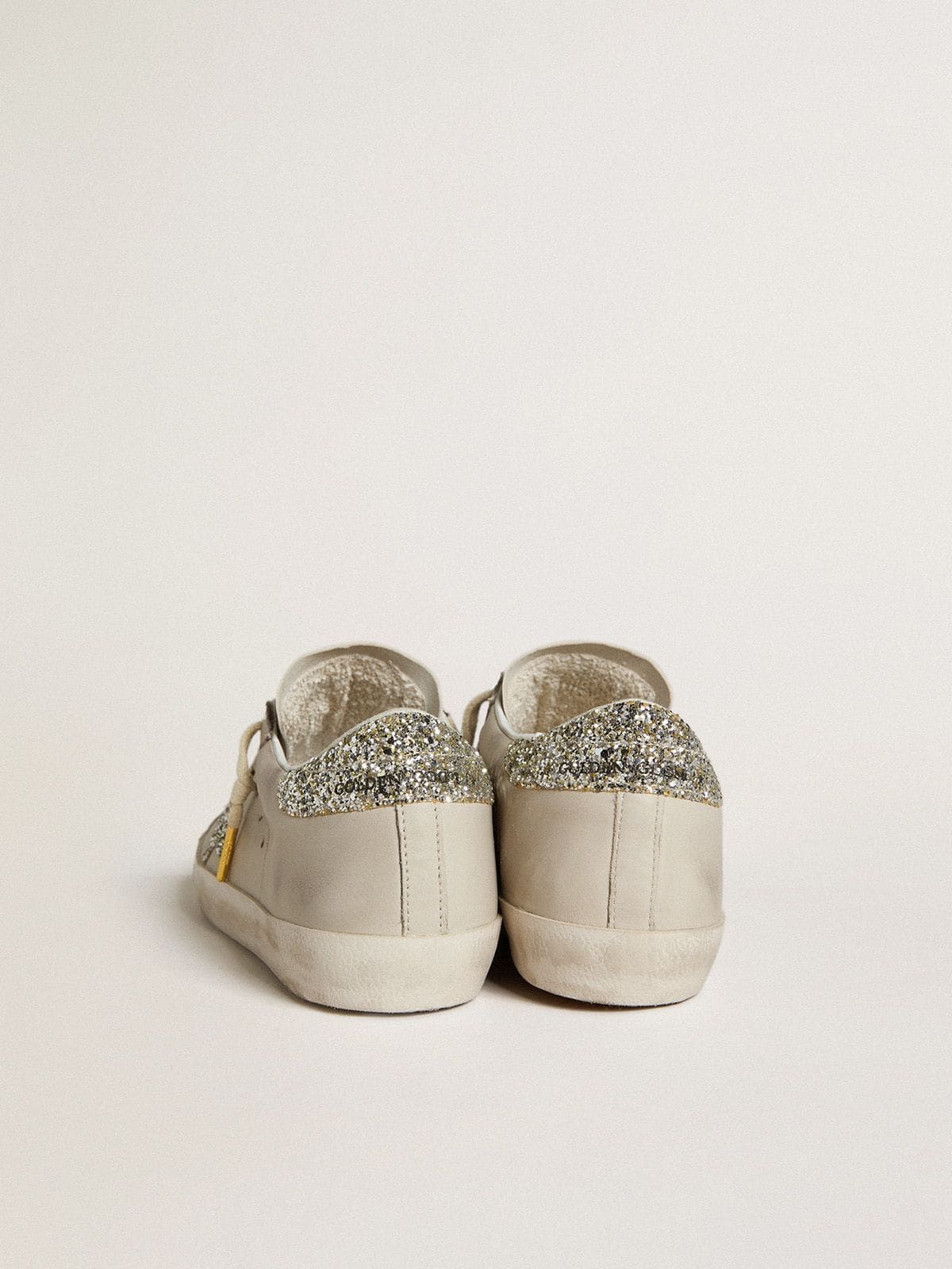 Golden Goose Women's Super-Star  in ivory nappa leather with platinum glitter star and heel tab