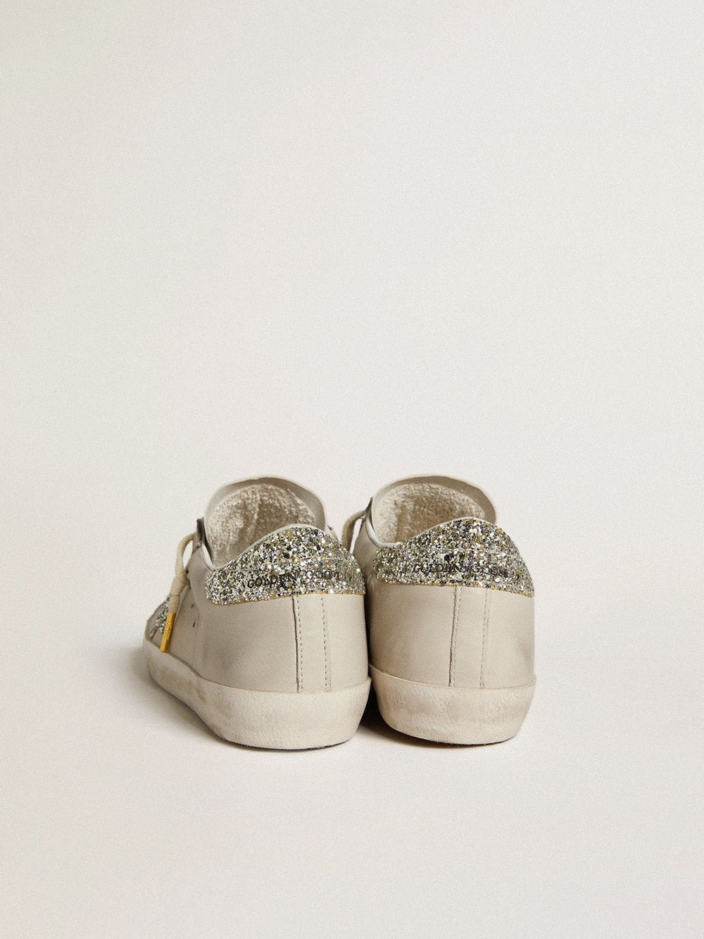Golden Goose Women's Super-Star  in ivory nappa leather with platinum glitter star and heel tab