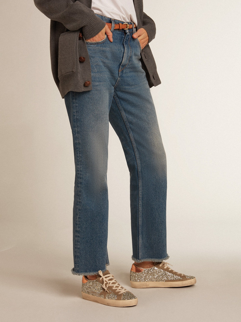 Golden Goose Women's Super-Star in platinum glitter with dove-gray suede star