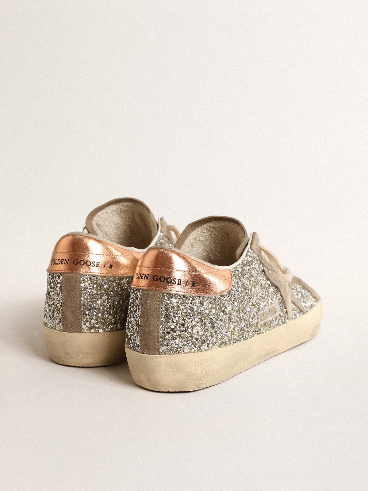 Golden Goose Women's Super-Star in platinum glitter with dove-gray suede star