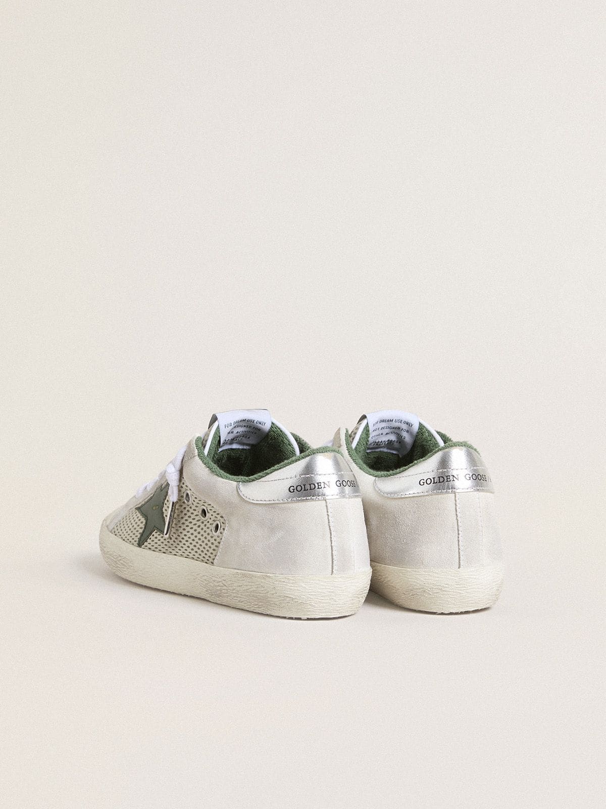 Golden Goose Women’s Super-Star LTD in white suede and mesh with green leather star and silver foiled leather heel tab
