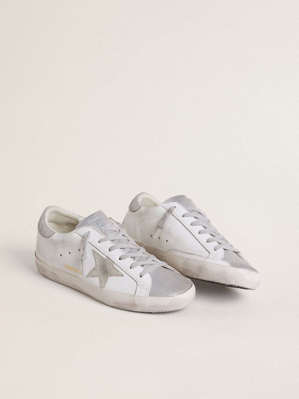 Golden Goose Women’s Super-Star with gray suede star and silver glitter inserts