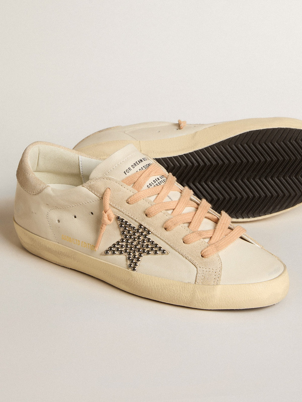 Golden Goose Super-Star LTD in leather with beige suede star with Swarovski studs