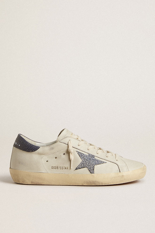 Golden Goose Super-Star  with cream-colored leather star with Swarovski crystals and blue leather heel tab with lizard print