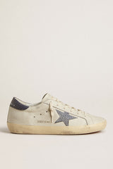 Golden Goose Super-Star  with cream-colored leather star with Swarovski crystals and blue leather heel tab with lizard print