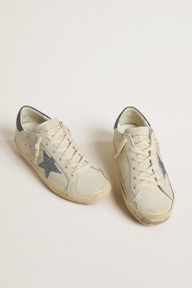 Golden Goose Super-Star  with cream-colored leather star with Swarovski crystals and blue leather heel tab with lizard print