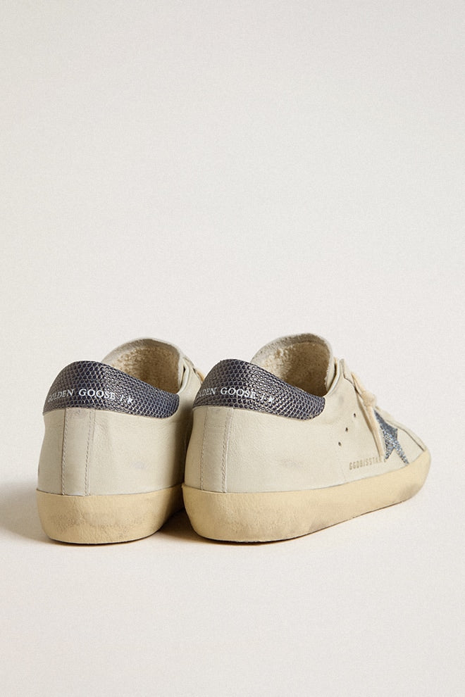 Golden Goose Super-Star  with cream-colored leather star with Swarovski crystals and blue leather heel tab with lizard print
